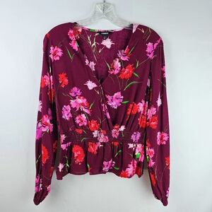 Express Floral Smocked Waist Surplice Blouse Shirt Med Boho Rayon